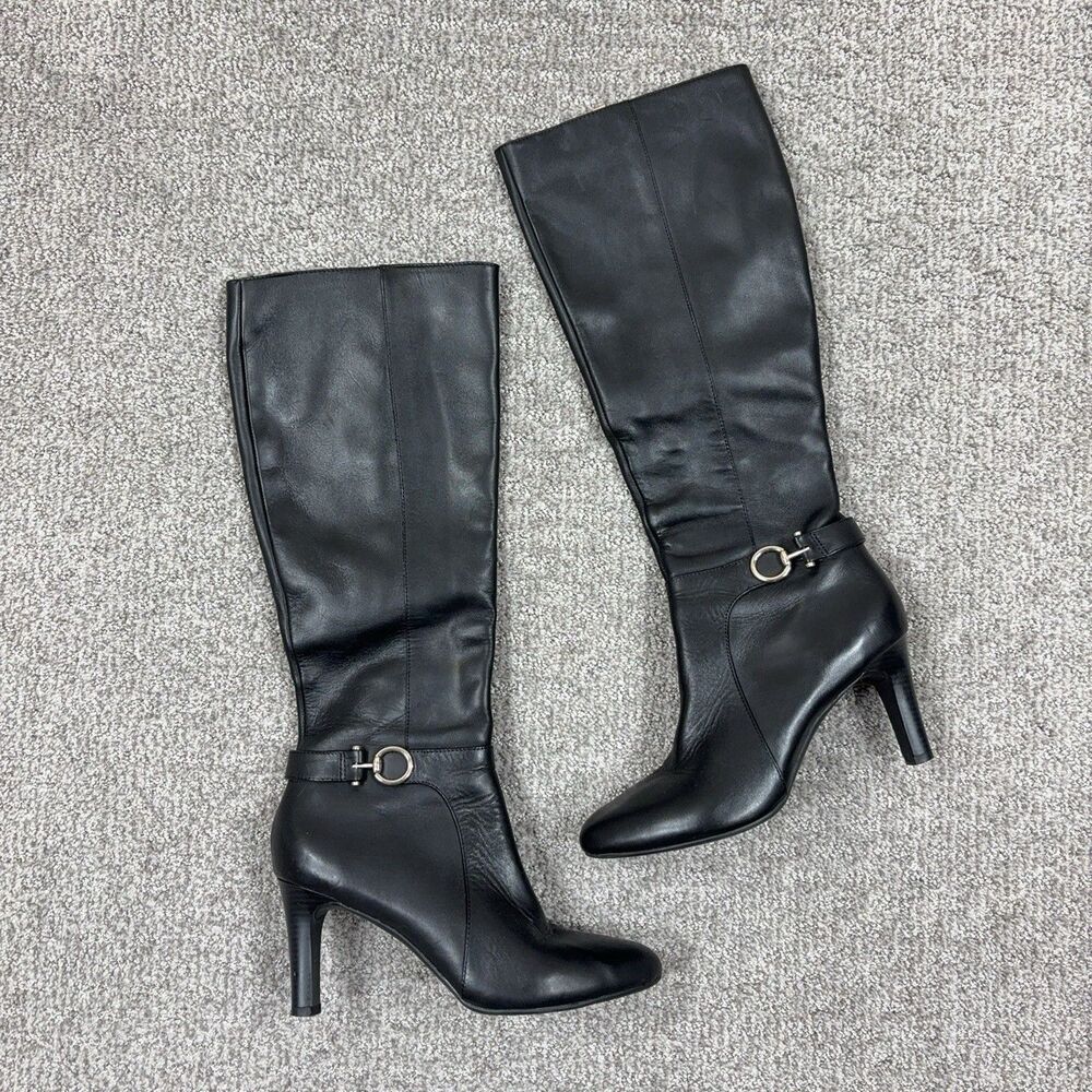 Bandolino Boots Womens 9 Black Leather Knee High Riding Zip Stiletto Heel